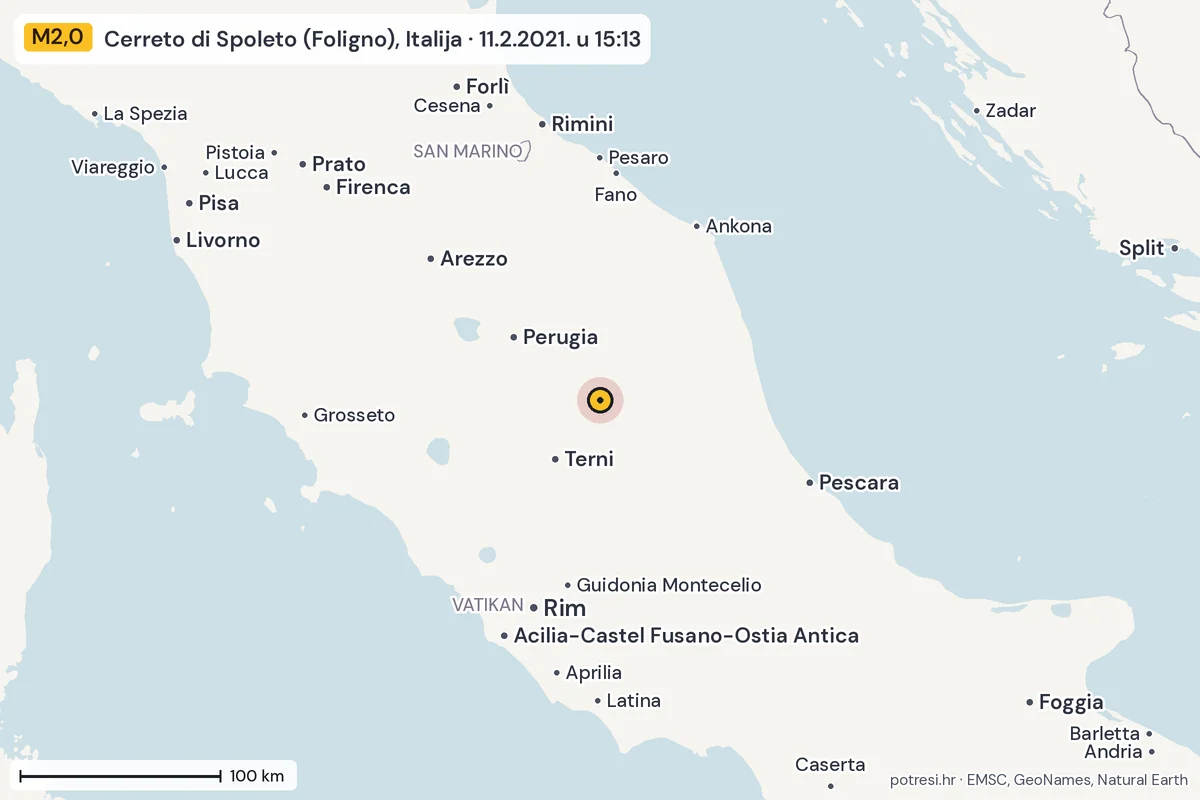 Karta: šire područje, 600 km, potres M2,0, Cerreto di Spoleto (Foligno), Italija, 11.2.2021.