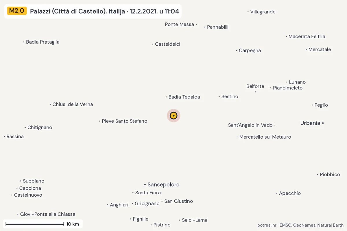 Karta: okolica epicentra, 60 km, potres M2,0, Palazzi (Città di Castello), Italija, 12.2.2021.