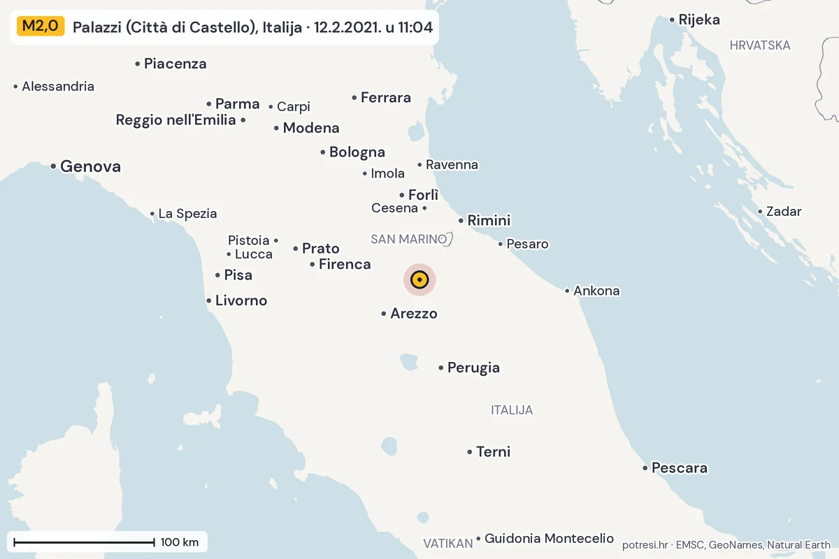 Karta: šire područje, 600 km, potres M2,0, Palazzi (Città di Castello), Italija, 12.2.2021.