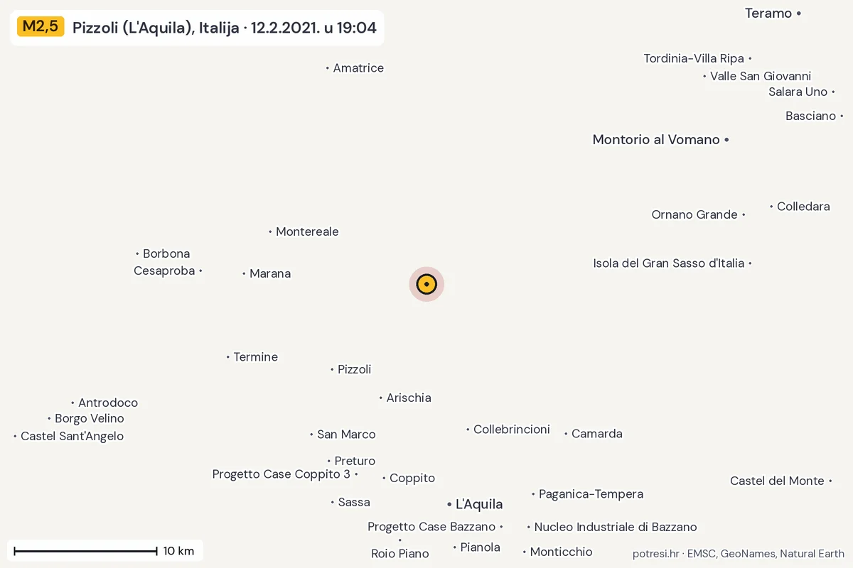 Karta: okolica epicentra, 60 km, potres M2,5, Pizzoli (L'Aquila), Italija, 12.2.2021.