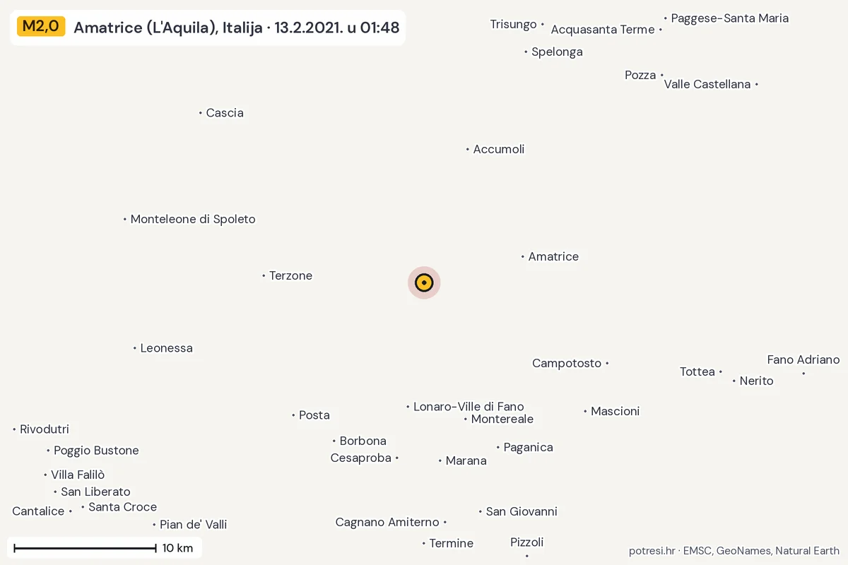 Karta: okolica epicentra, 60 km, potres M2,0, Amatrice (L'Aquila), Italija, 13.2.2021.