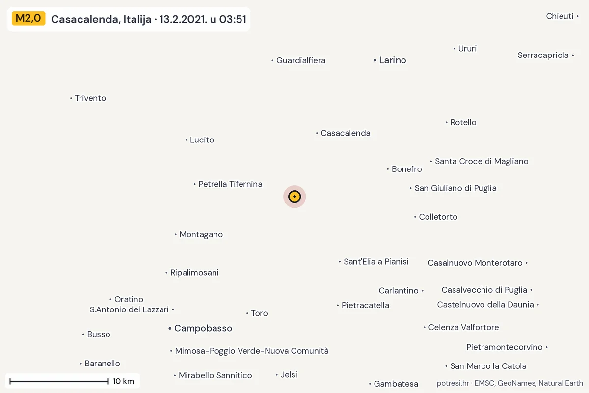 Karta: okolica epicentra, 60 km, potres M2,0, Casacalenda, Italija, 13.2.2021.