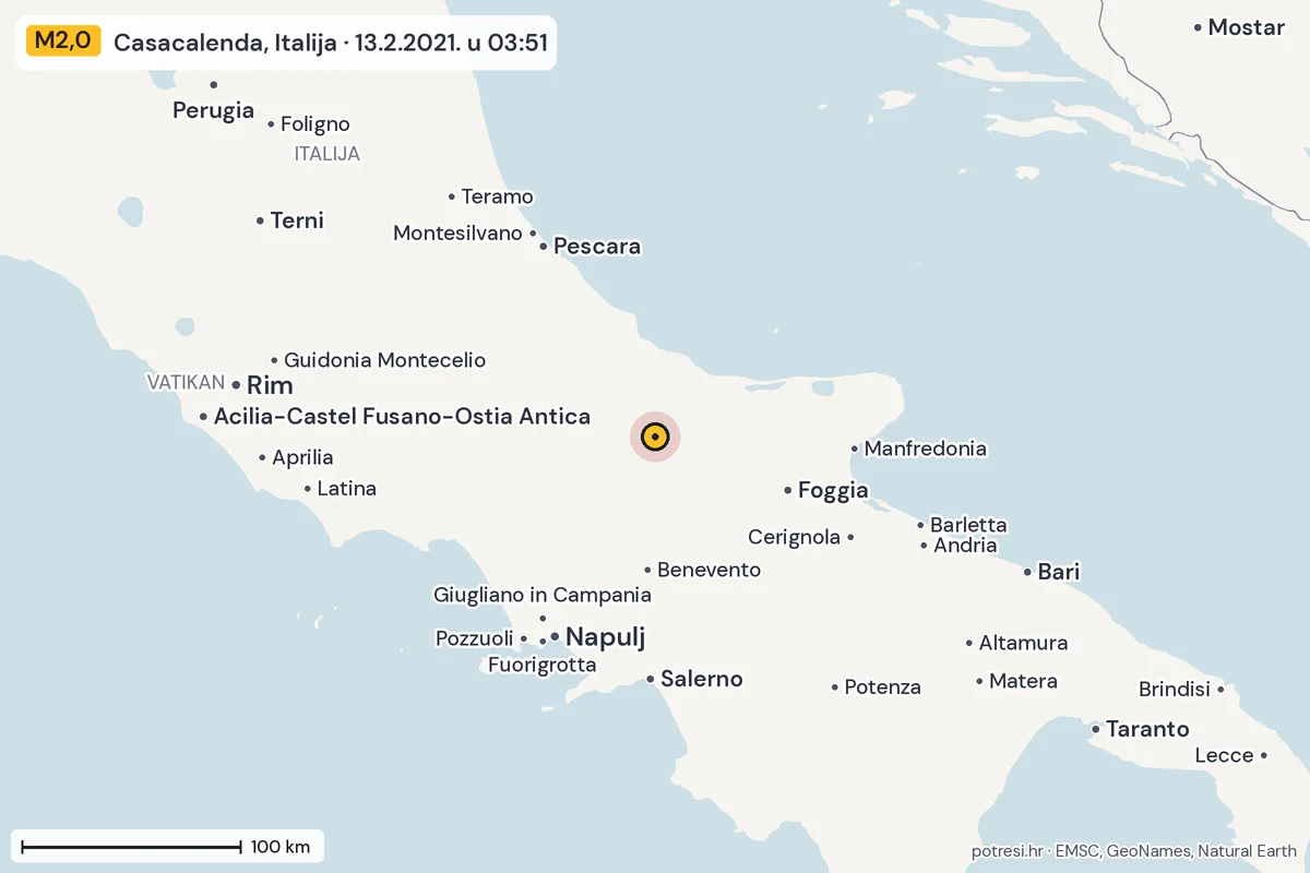 Karta: šire područje, 600 km, potres M2,0, Casacalenda, Italija, 13.2.2021.