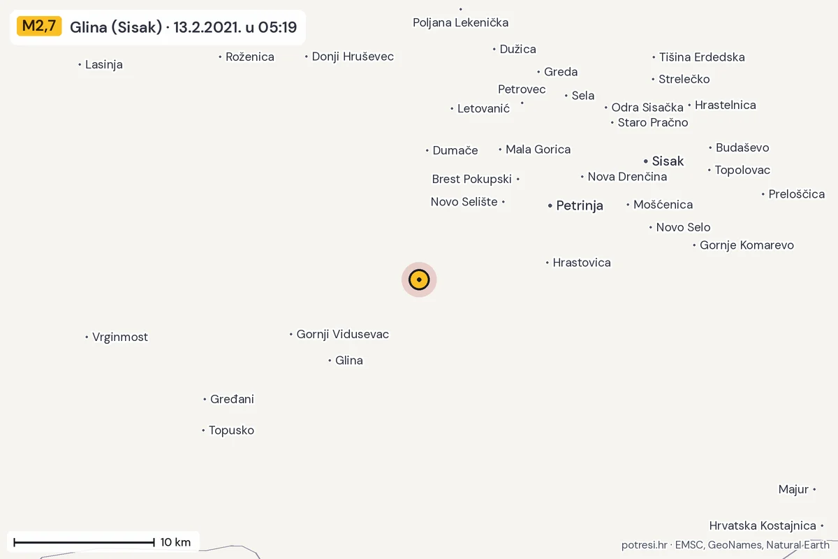 Karta: okolica epicentra, 60 km, potres M2,7, Glina (Sisak), 13.2.2021.
