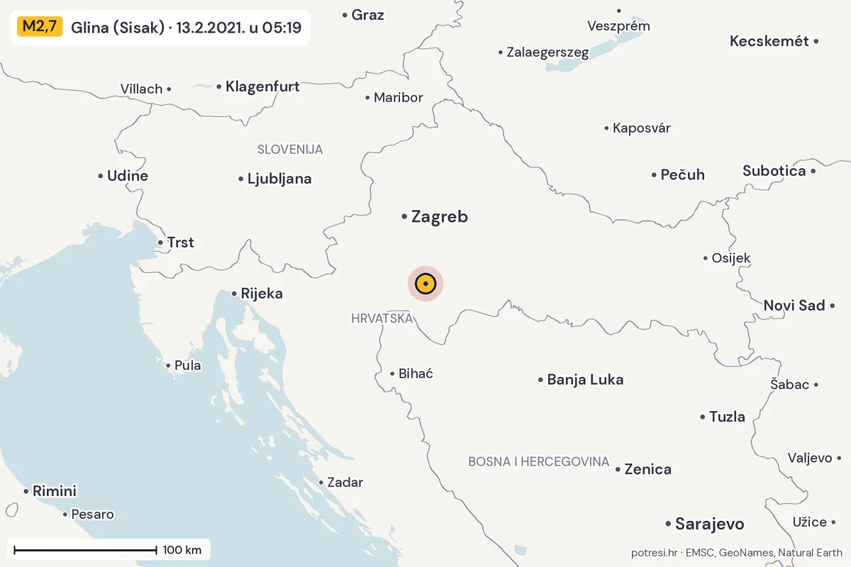 Karta: šire područje, 600 km, potres M2,7, Glina (Sisak), 13.2.2021.