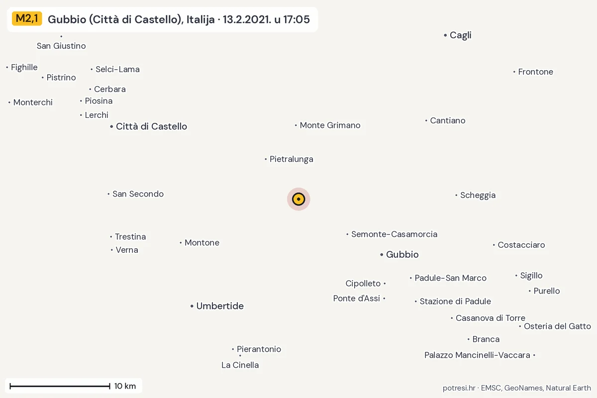 Karta: okolica epicentra, 60 km, potres M2,1, Gubbio (Città di Castello), Italija, 13.2.2021.