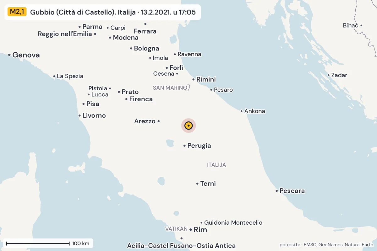 Karta: šire područje, 600 km, potres M2,1, Gubbio (Città di Castello), Italija, 13.2.2021.