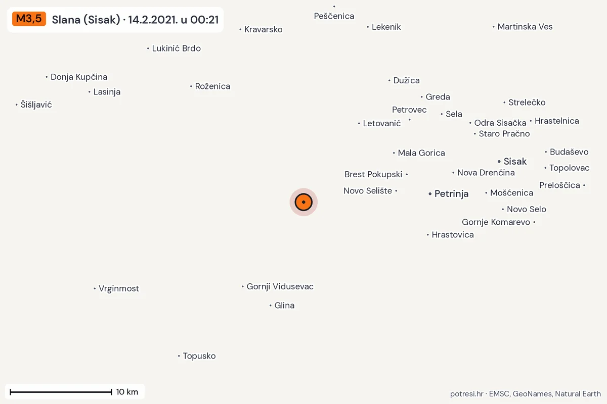 Karta: okolica epicentra, 60 km, potres M3,5, Slana (Sisak), 14.2.2021.