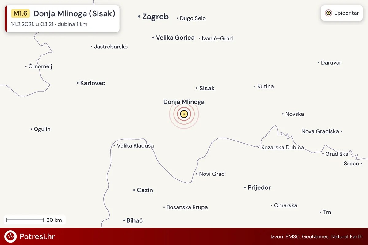 Karta: šire područje i vjerojatni doseg osjeta, potres M1,6, Donja Mlinoga (Sisak), 14.2.2021.