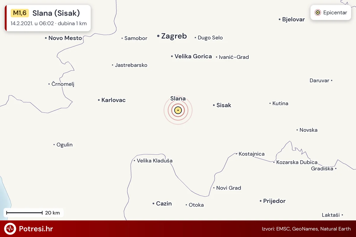 Karta: šire područje i vjerojatni doseg osjeta, potres M1,6, Slana (Sisak), 14.2.2021.