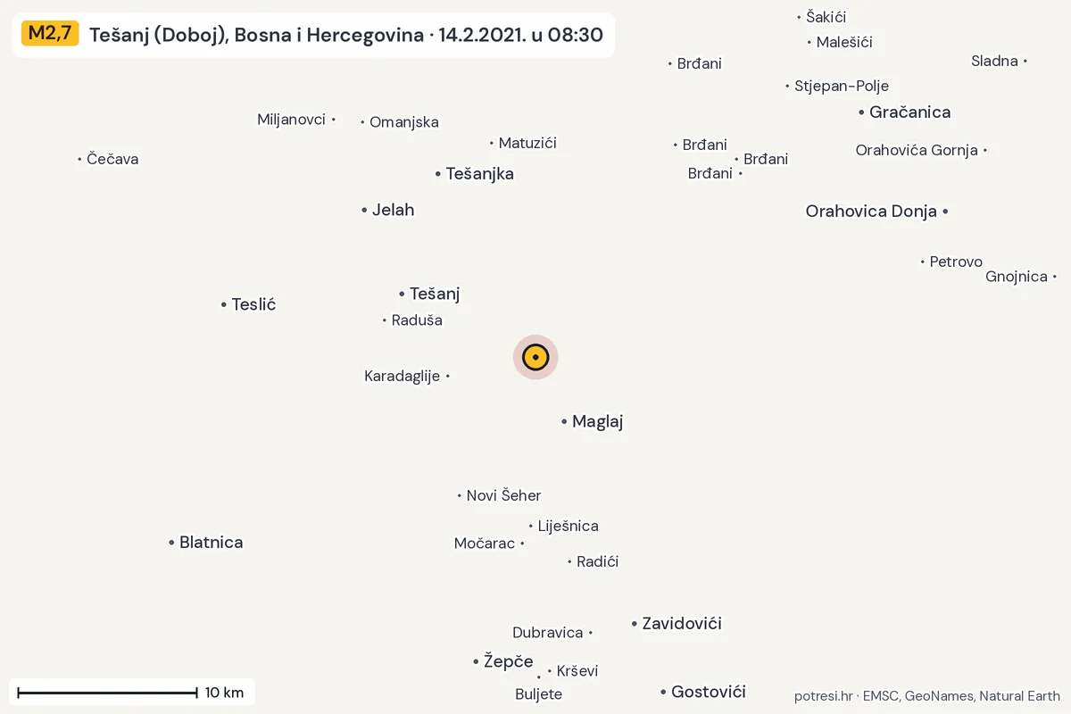 Karta: okolica epicentra, 60 km, potres M2,7, Tešanj (Doboj), Bosna i Hercegovina, 14.2.2021.