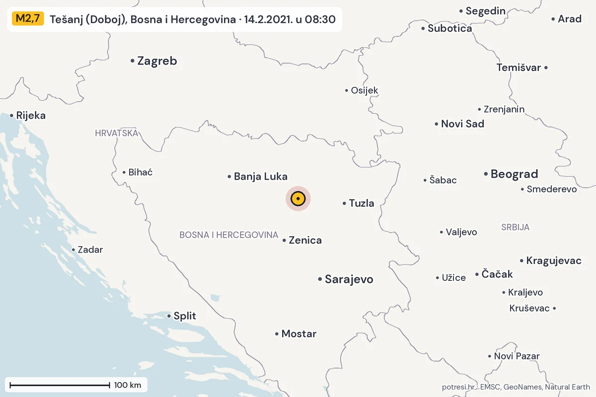 Karta: šire područje, 600 km, potres M2,7, Tešanj (Doboj), Bosna i Hercegovina, 14.2.2021.