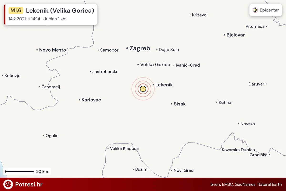 Karta: šire područje i vjerojatni doseg osjeta, potres M1,6, Lekenik (Velika Gorica), 14.2.2021.