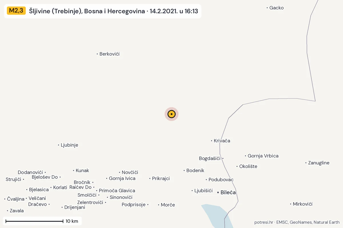 Karta: okolica epicentra, 60 km, potres M2,3, Šljivine (Trebinje), Bosna i Hercegovina, 14.2.2021.