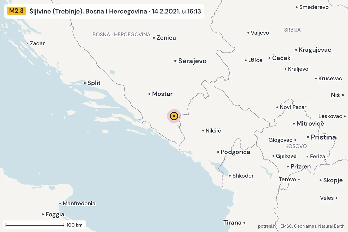 Karta: šire područje, 600 km, potres M2,3, Šljivine (Trebinje), Bosna i Hercegovina, 14.2.2021.