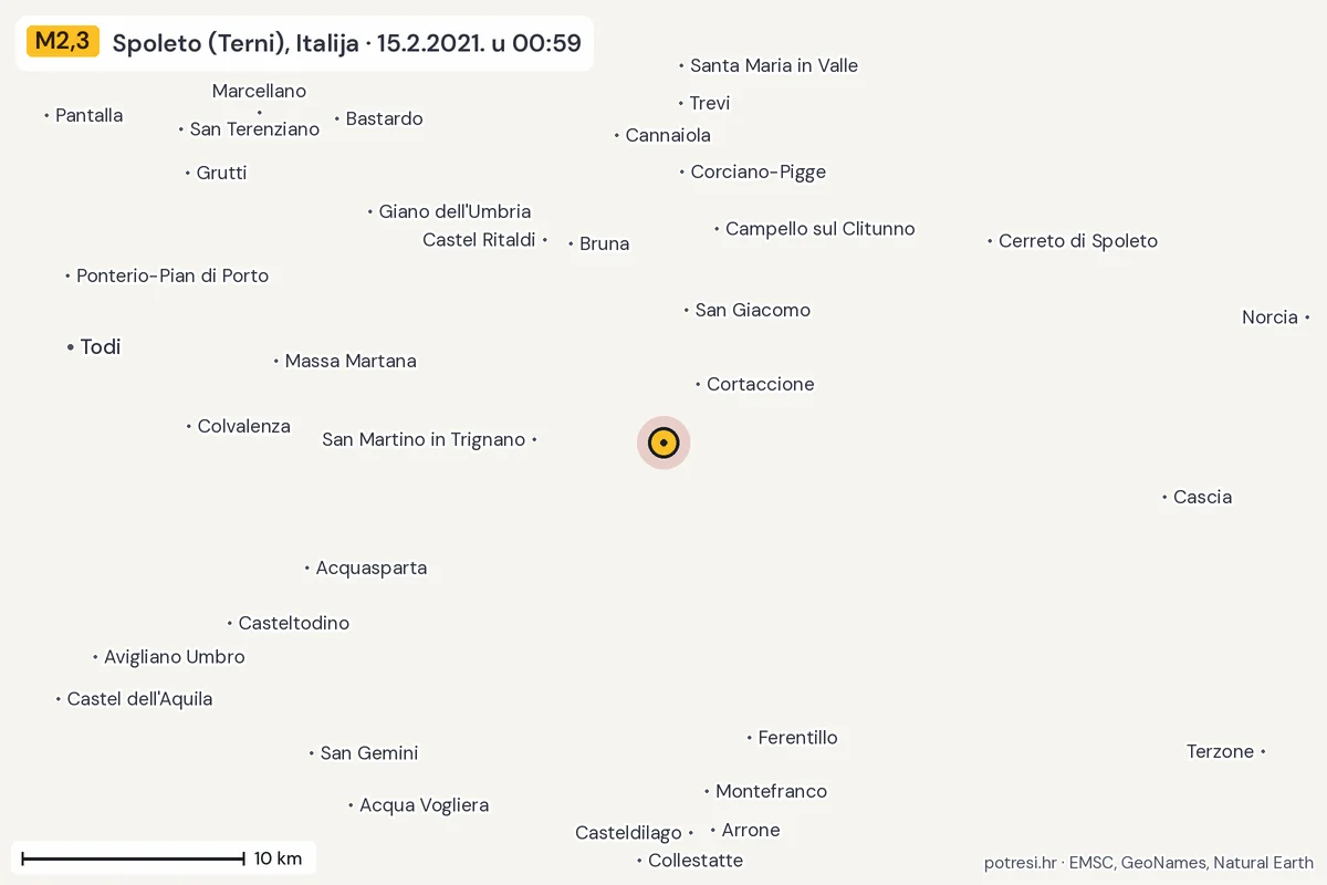 Karta: okolica epicentra, 60 km, potres M2,3, Spoleto (Terni), Italija, 15.2.2021.