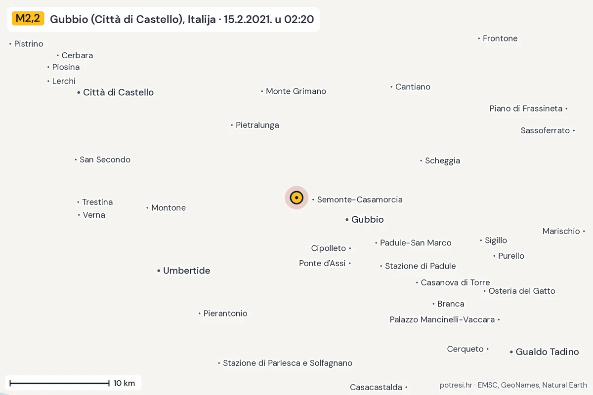 Karta: okolica epicentra, 60 km, potres M2,2, Gubbio (Città di Castello), Italija, 15.2.2021.