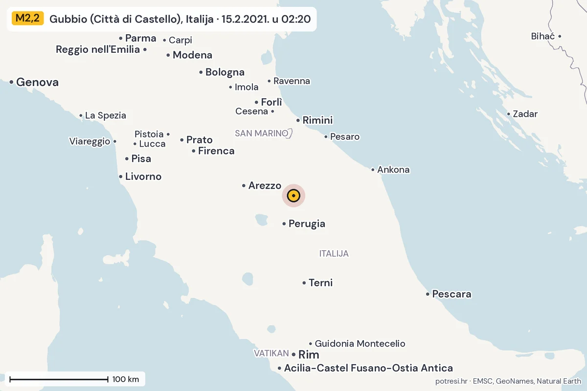 Karta: šire područje, 600 km, potres M2,2, Gubbio (Città di Castello), Italija, 15.2.2021.
