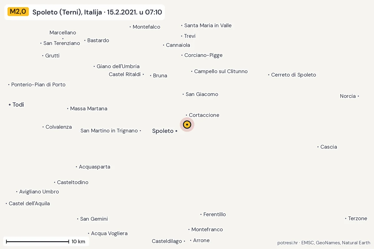 Karta: okolica epicentra, 60 km, potres M2,0, Spoleto (Terni), Italija, 15.2.2021.
