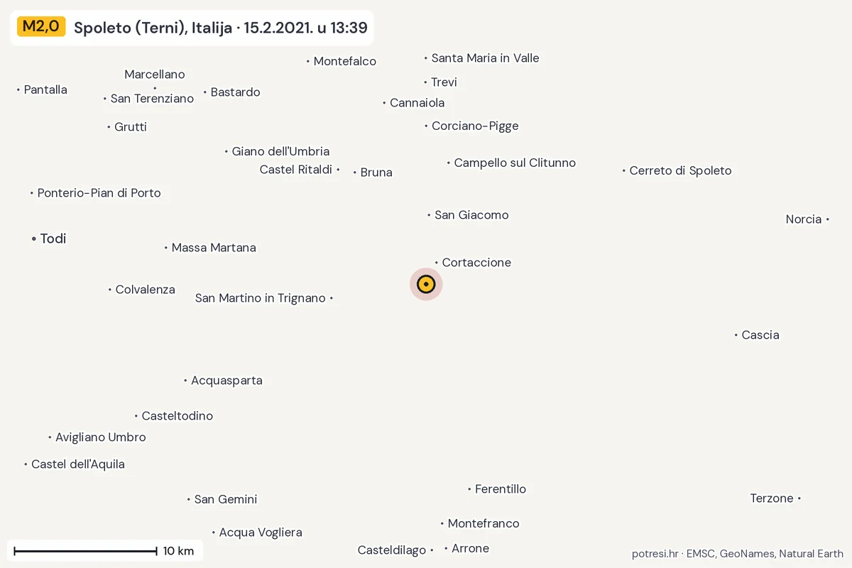 Karta: okolica epicentra, 60 km, potres M2,0, Spoleto (Terni), Italija, 15.2.2021.