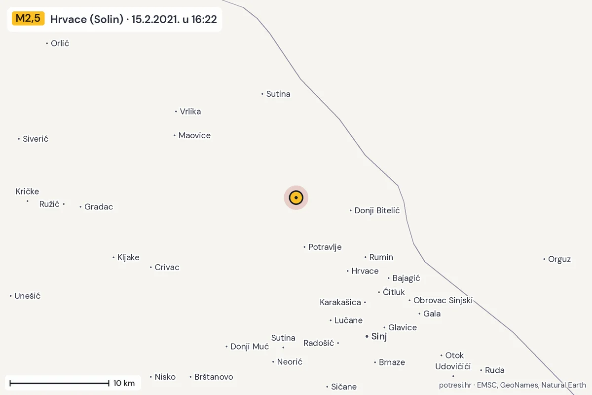 Karta: okolica epicentra, 60 km, potres M2,5, Hrvace (Solin), 15.2.2021.