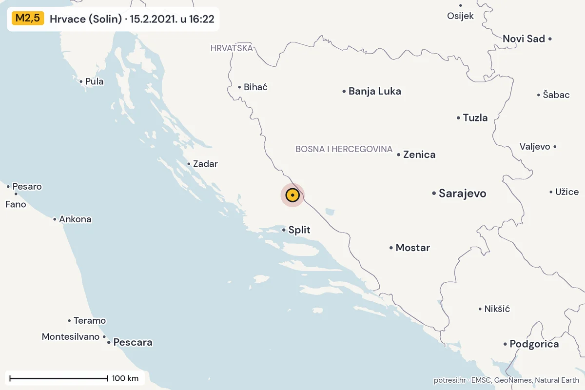 Karta: šire područje, 600 km, potres M2,5, Hrvace (Solin), 15.2.2021.