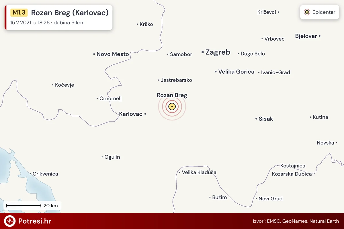 Karta: šire područje i vjerojatni doseg osjeta, potres M1,3, Rozan Breg (Karlovac), 15.2.2021.