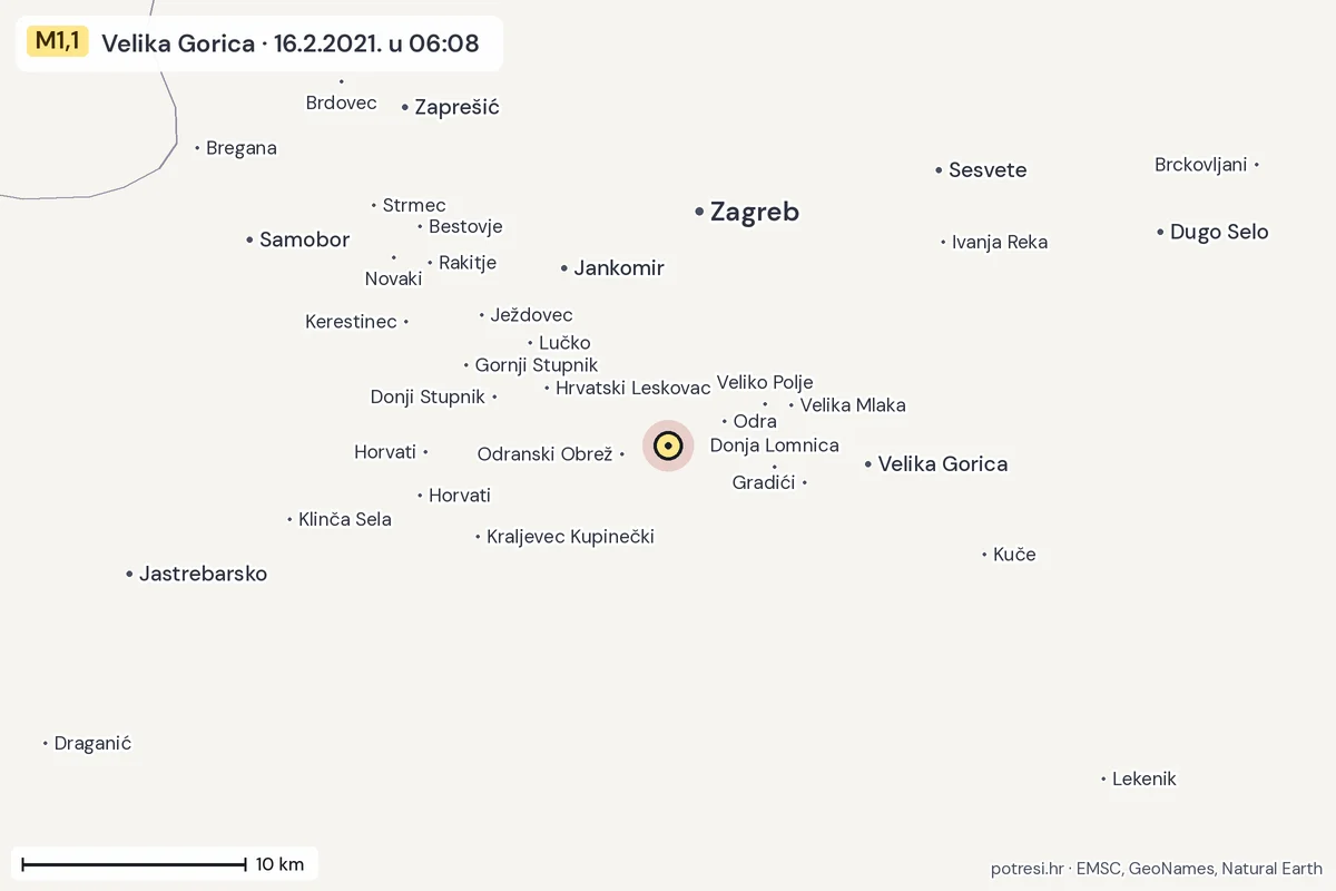 Karta: okolica epicentra, 60 km, potres M1,1, Velika Gorica, 16.2.2021.