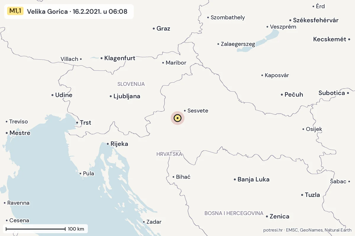 Karta: šire područje, 600 km, potres M1,1, Velika Gorica, 16.2.2021.