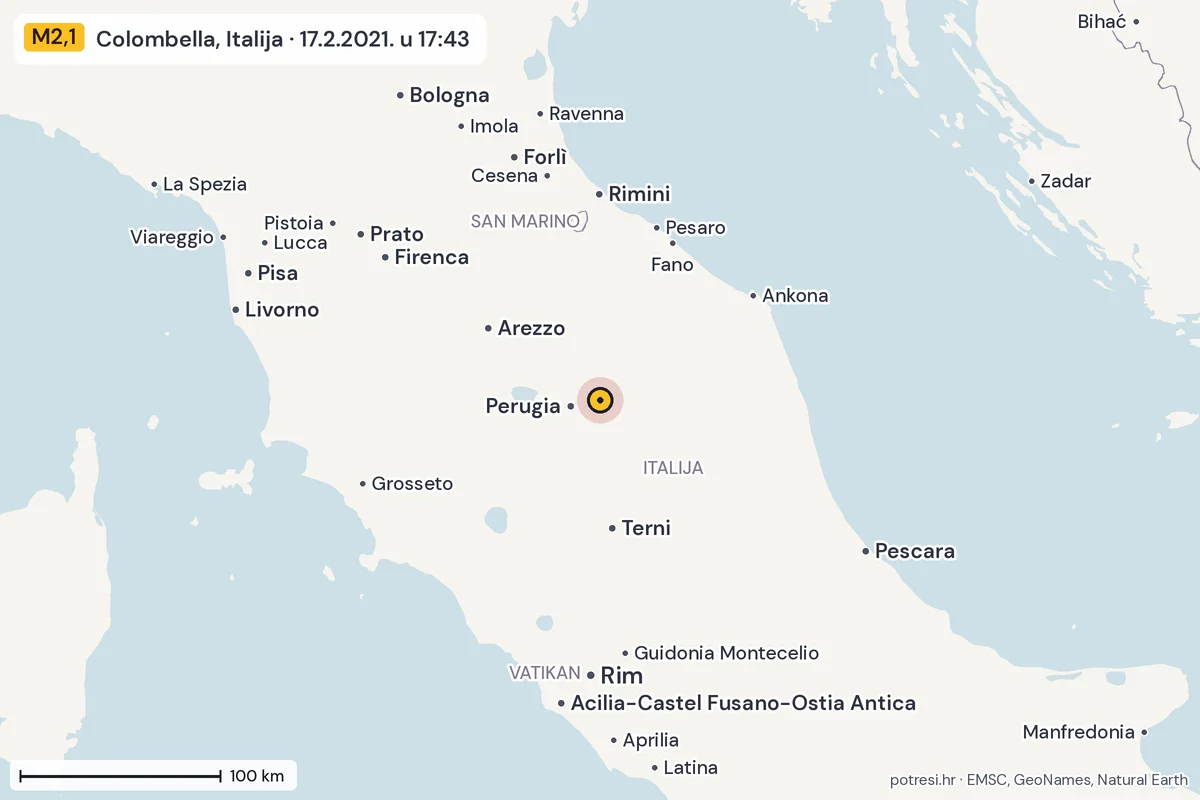 Karta: šire područje, 600 km, potres M2,1, Colombella, Italija, 17.2.2021.