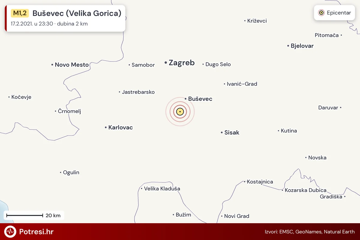 Karta: šire područje i vjerojatni doseg osjeta, potres M1,2, Buševec (Velika Gorica), 17.2.2021.