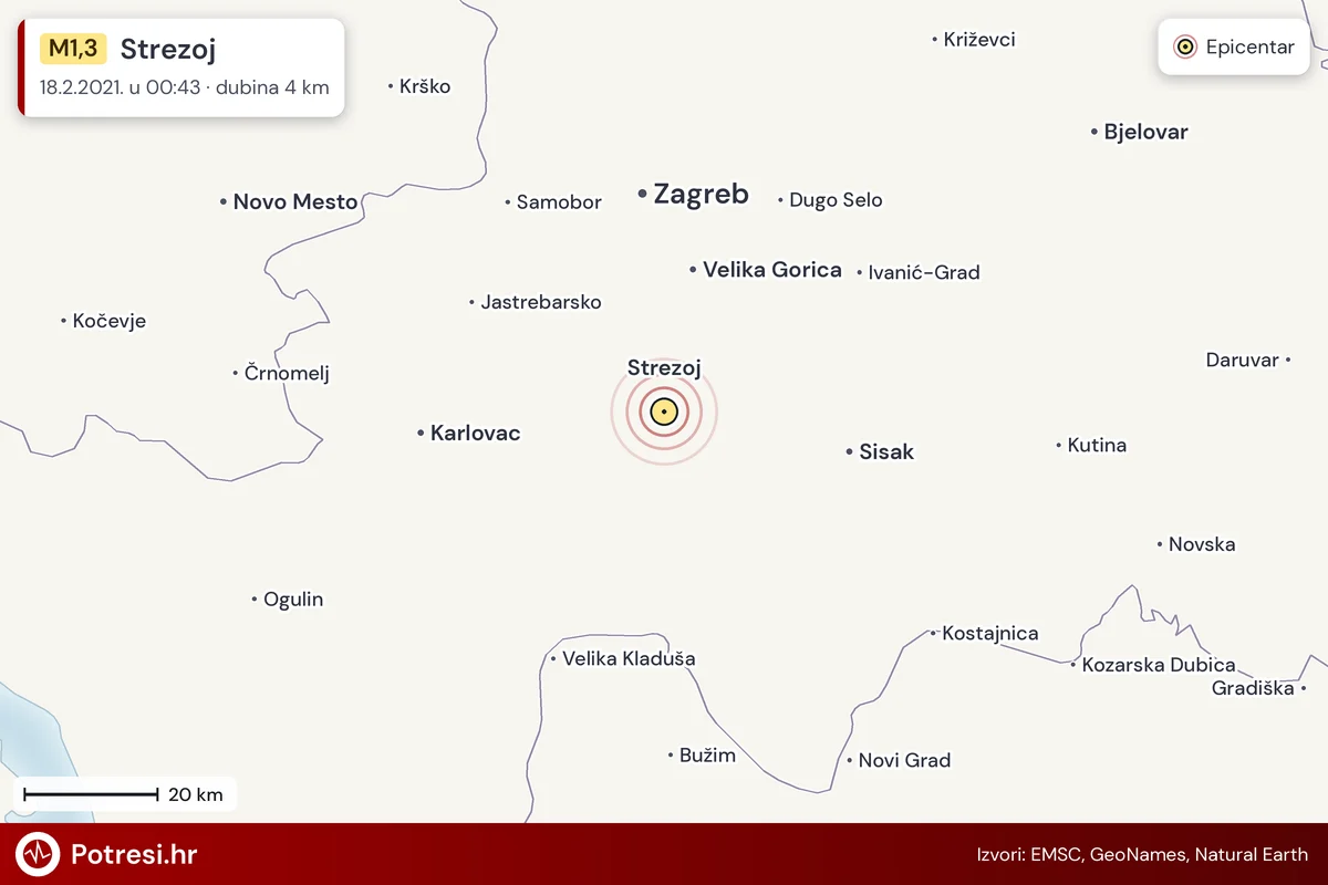 Karta: šire područje i vjerojatni doseg osjeta, potres M1,3, Strezoj, 18.2.2021.