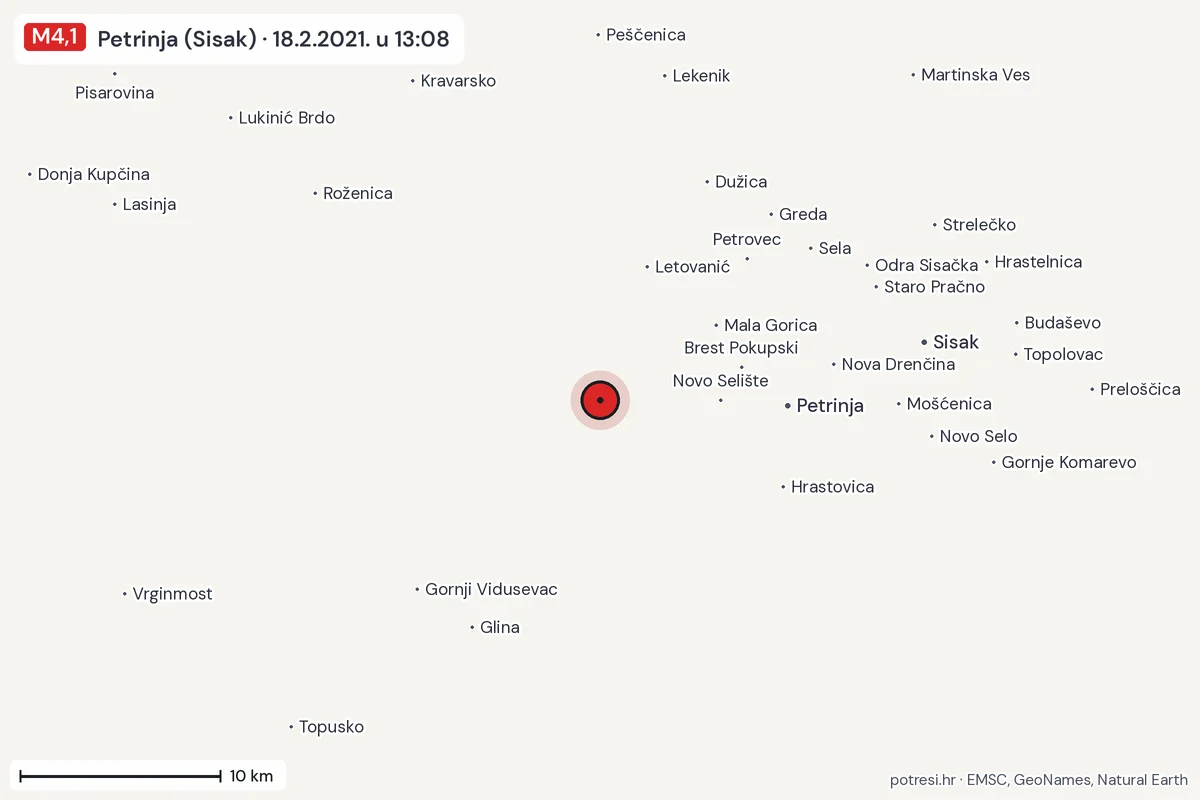 Karta: okolica epicentra, 60 km, potres M4,1, Petrinja (Sisak), 18.2.2021.