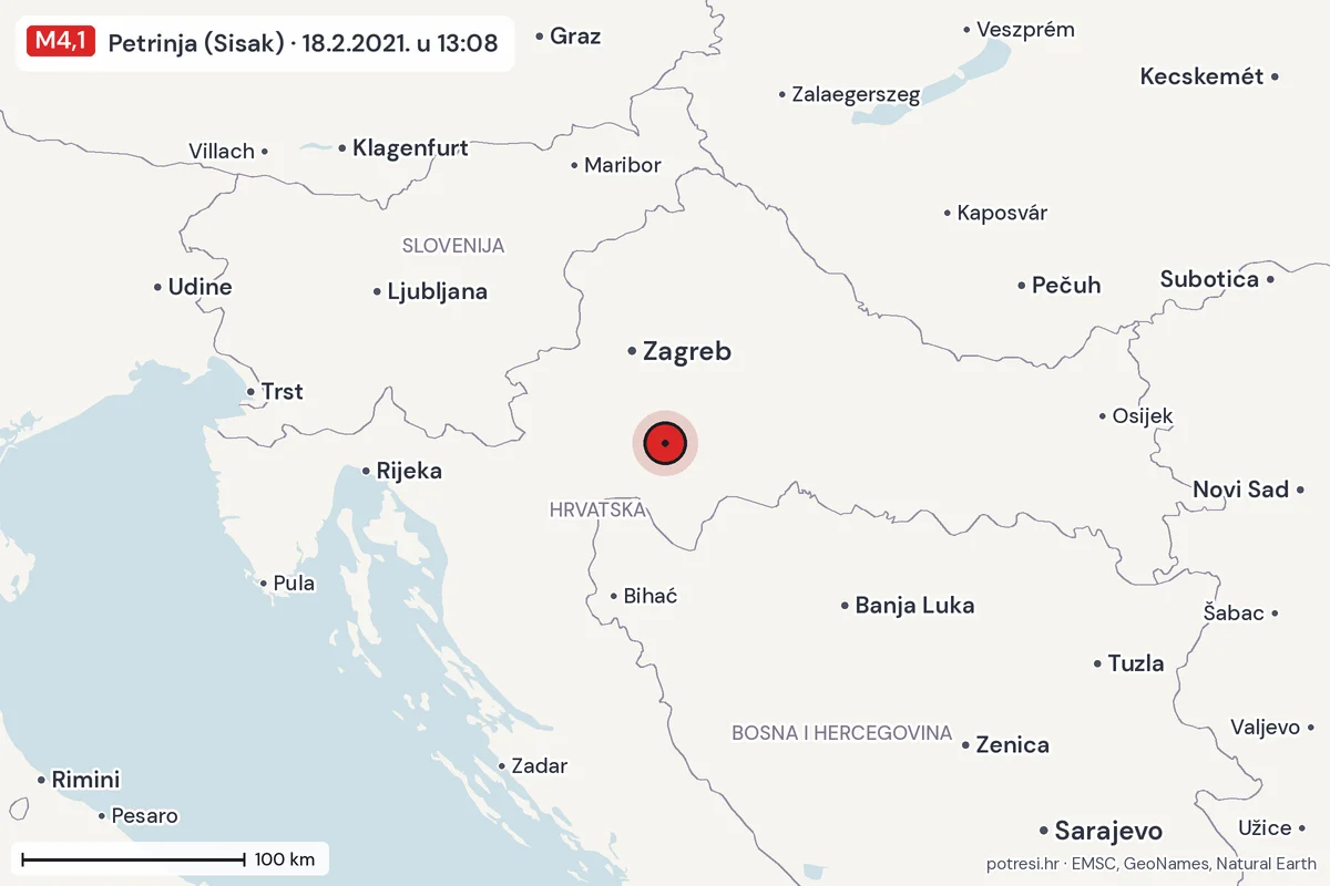 Karta: šire područje, 600 km, potres M4,1, Petrinja (Sisak), 18.2.2021.