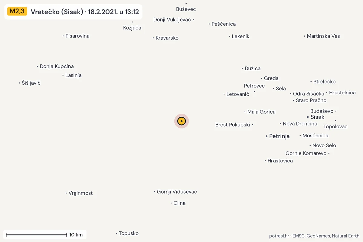 Karta: okolica epicentra, 60 km, potres M2,3, Vratečko (Sisak), 18.2.2021.