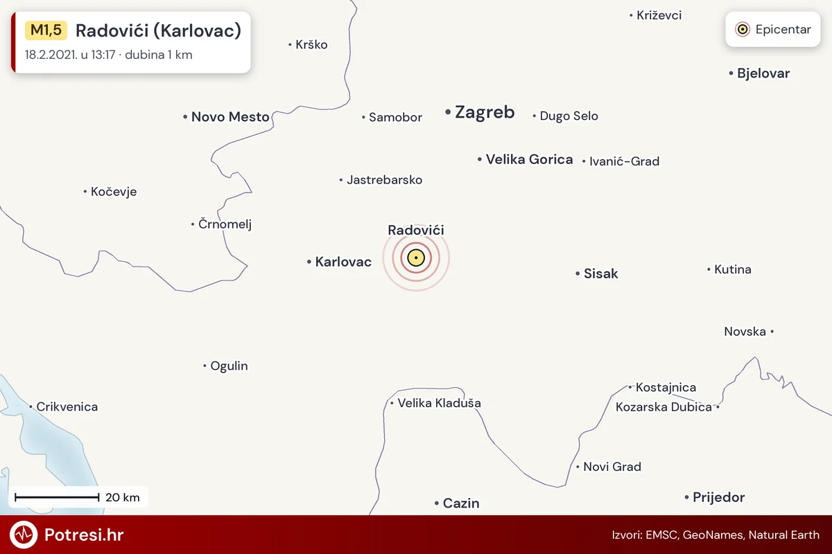 Karta: šire područje i vjerojatni doseg osjeta, potres M1,5, Radovići (Karlovac), 18.2.2021.