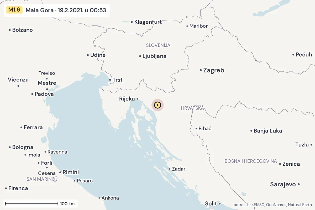Karta: šire područje, 600 km, potres M1,6, Mala Gora, 19.2.2021.