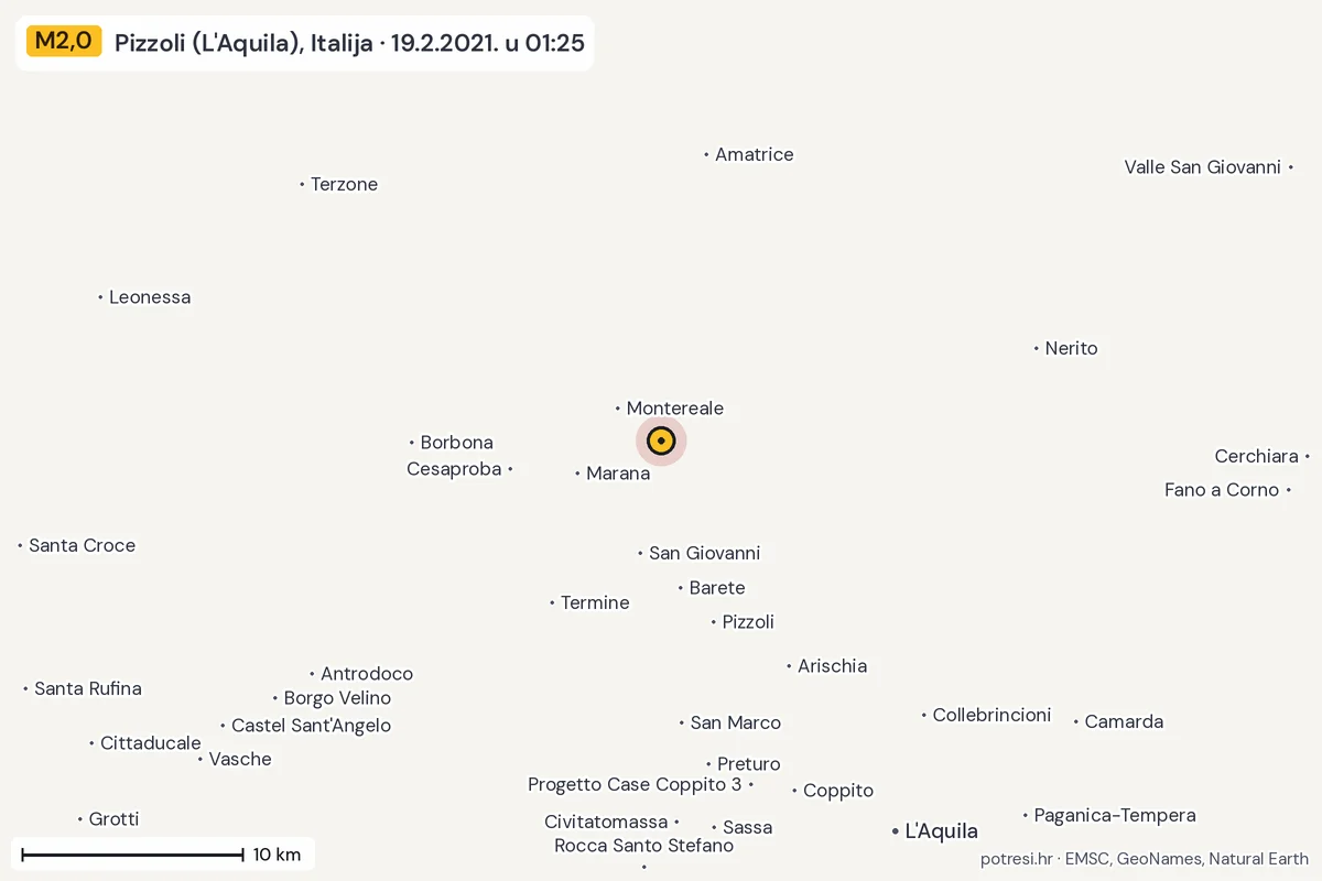 Karta: okolica epicentra, 60 km, potres M2,0, Pizzoli (L'Aquila), Italija, 19.2.2021.