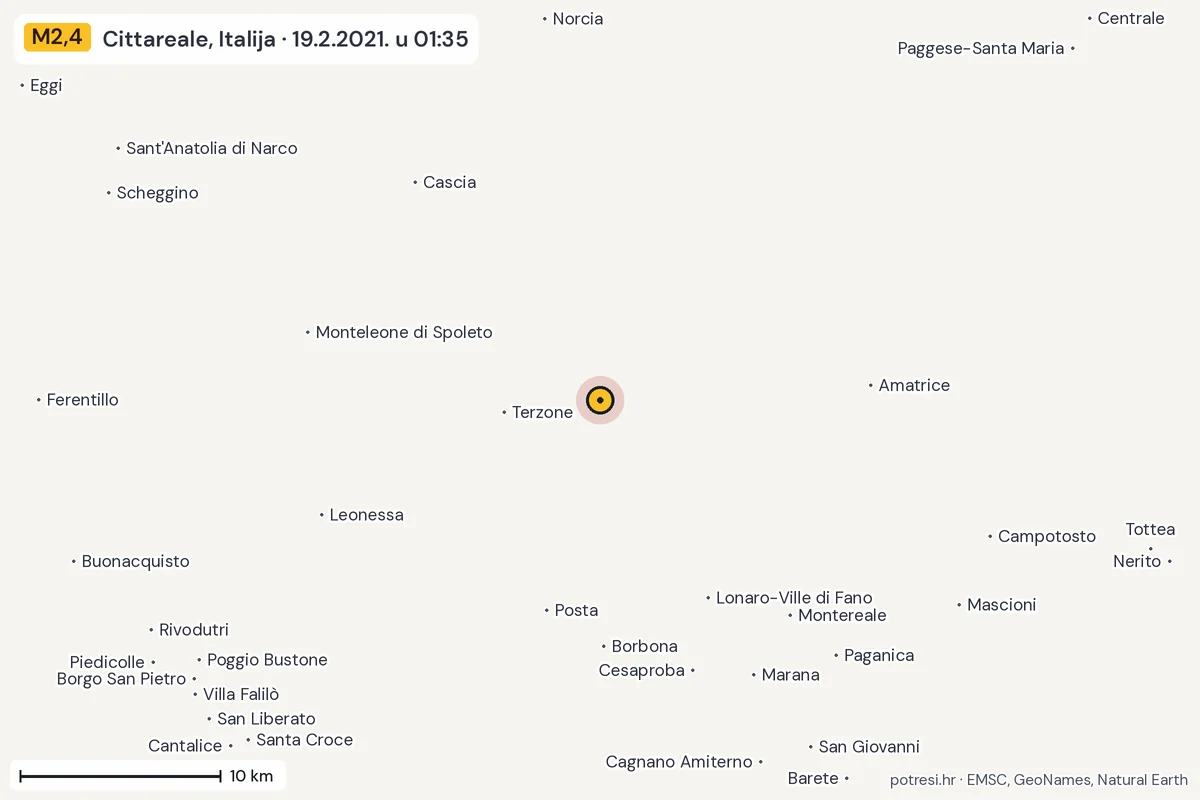 Karta: okolica epicentra, 60 km, potres M2,4, Cittareale, Italija, 19.2.2021.
