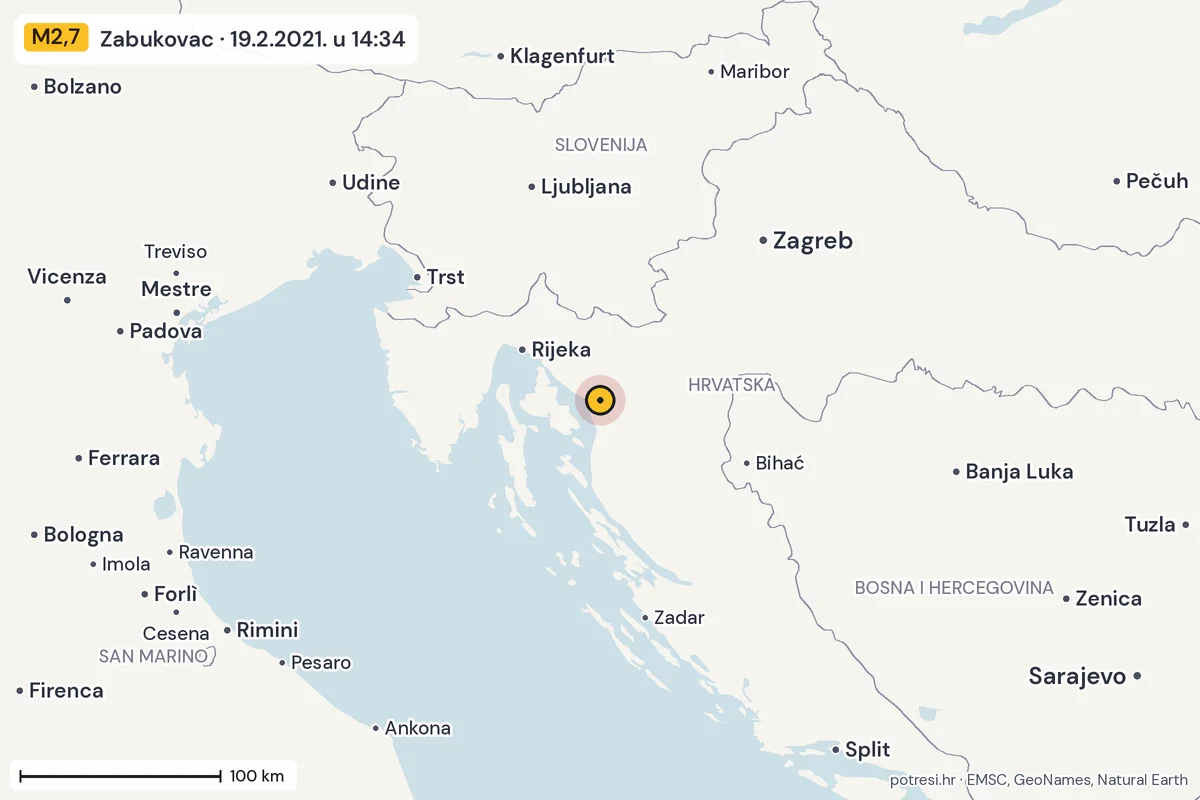Karta: šire područje, 600 km, potres M2,7, Zabukovac, 19.2.2021.