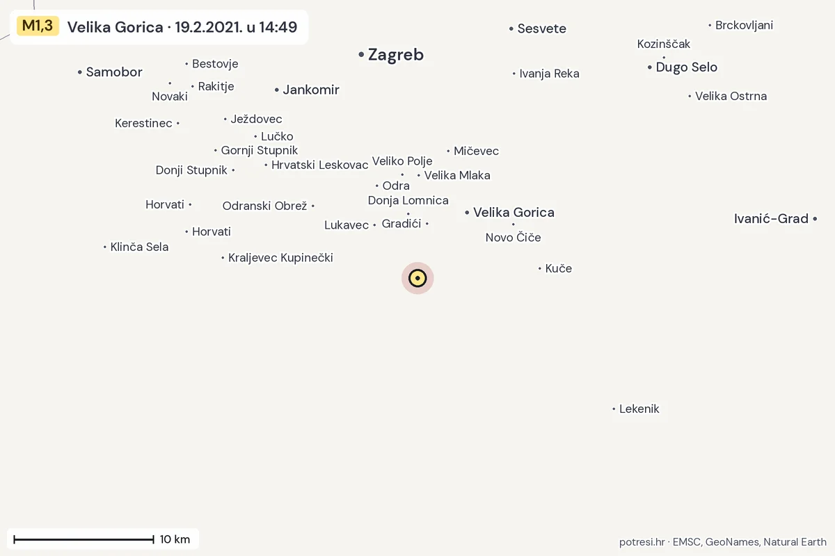 Karta: okolica epicentra, 60 km, potres M1,3, Velika Gorica, 19.2.2021.