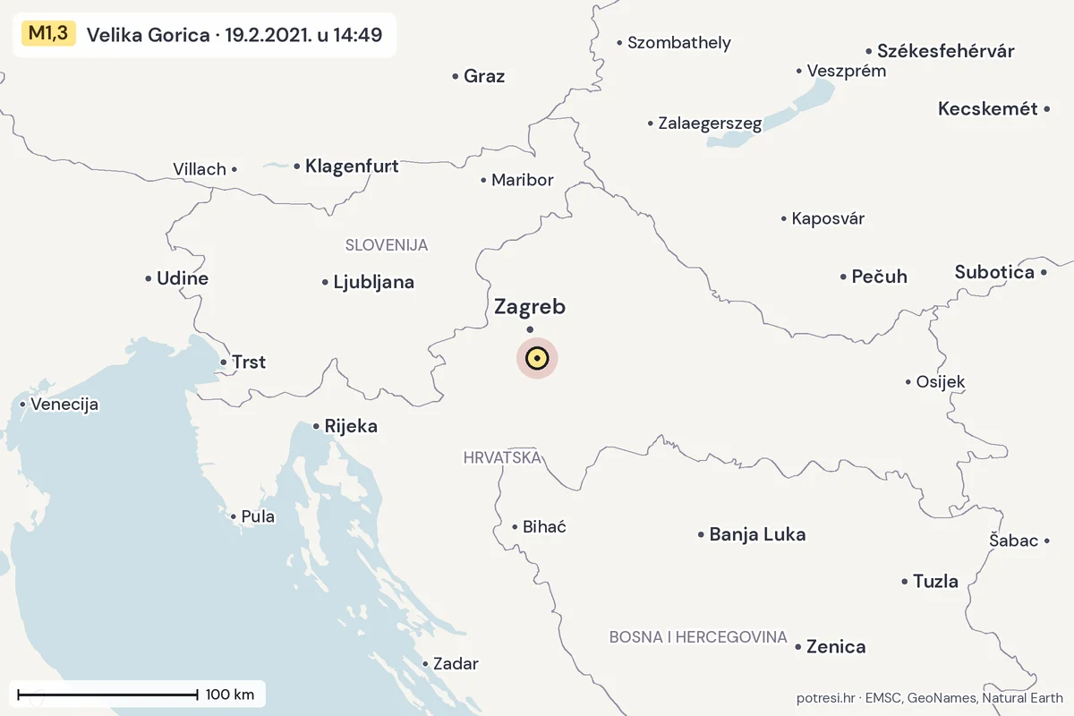 Karta: šire područje, 600 km, potres M1,3, Velika Gorica, 19.2.2021.