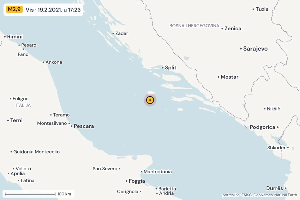 Karta: šire područje, 600 km, potres M2,9, Vis, 19.2.2021.