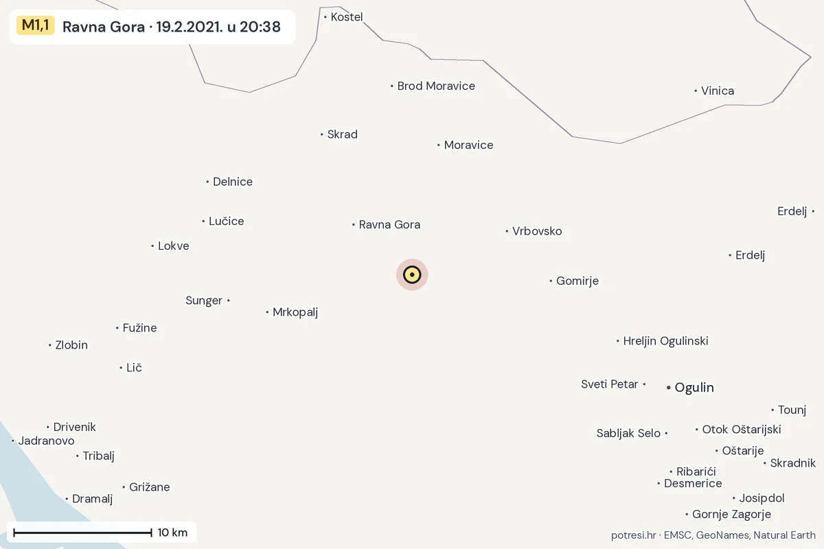 Karta: okolica epicentra, 60 km, potres M1,1, Ravna Gora, 19.2.2021.