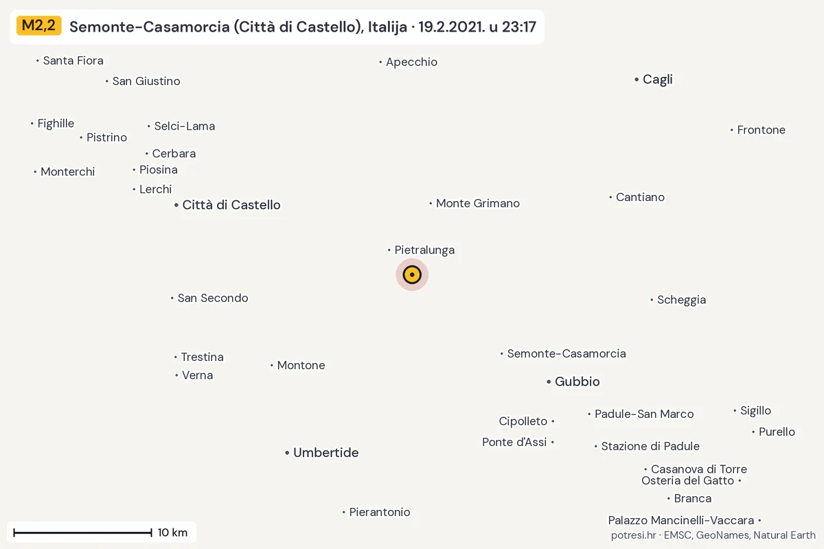 Karta: okolica epicentra, 60 km, potres M2,2, Semonte-Casamorcia (Città di Castello), Italija, 19.2.2021.