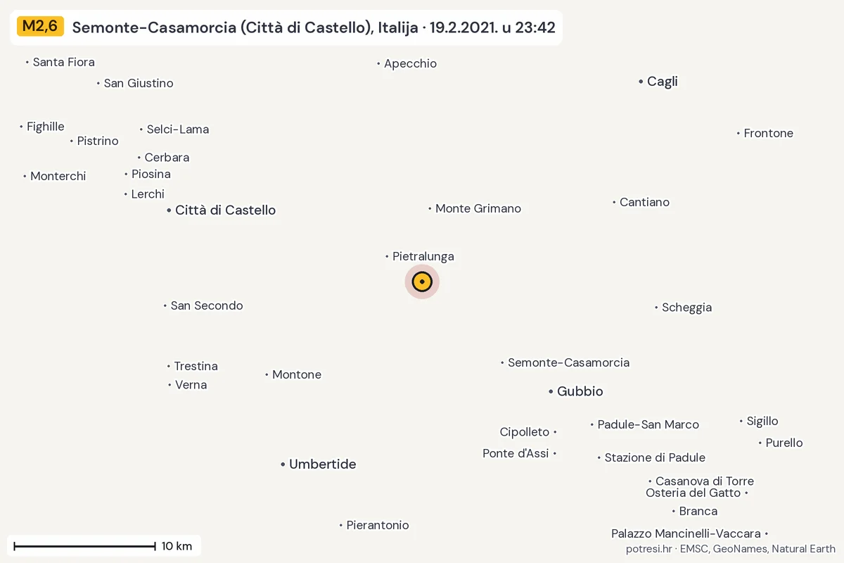 Karta: okolica epicentra, 60 km, potres M2,6, Semonte-Casamorcia (Città di Castello), Italija, 19.2.2021.