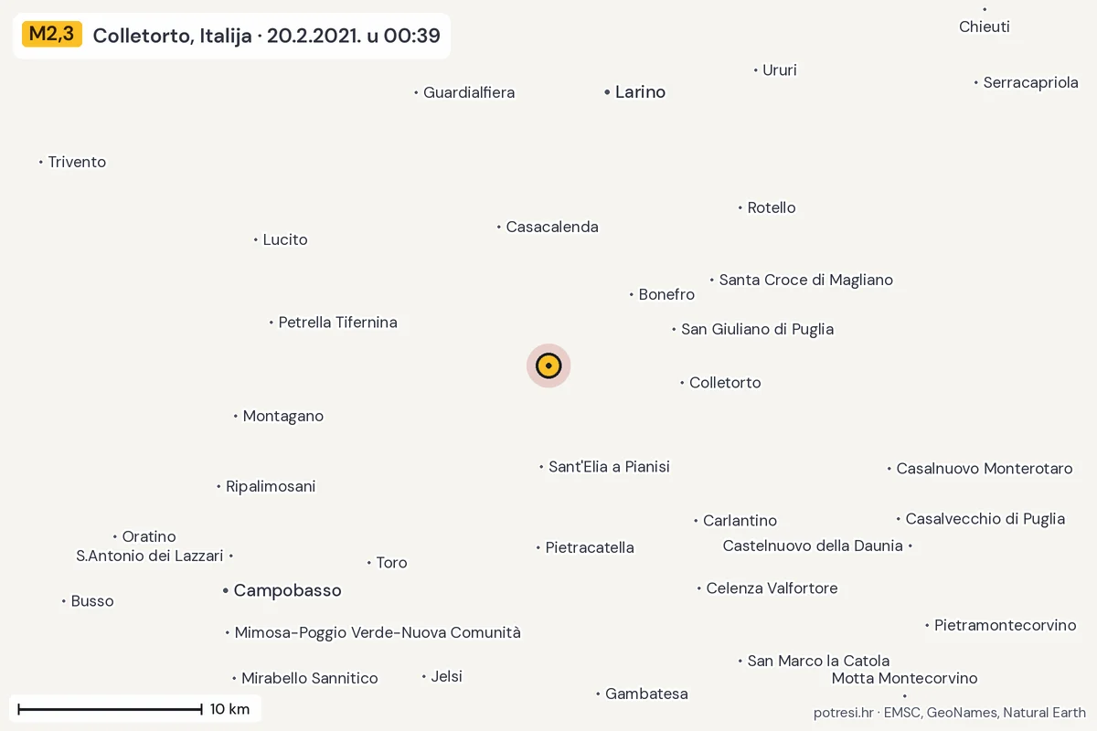 Karta: okolica epicentra, 60 km, potres M2,3, Colletorto, Italija, 20.2.2021.