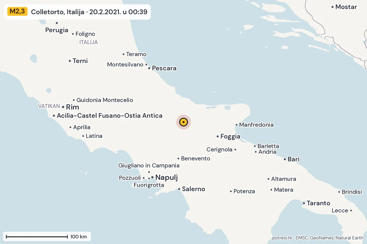 Karta: šire područje, 600 km, potres M2,3, Colletorto, Italija, 20.2.2021.