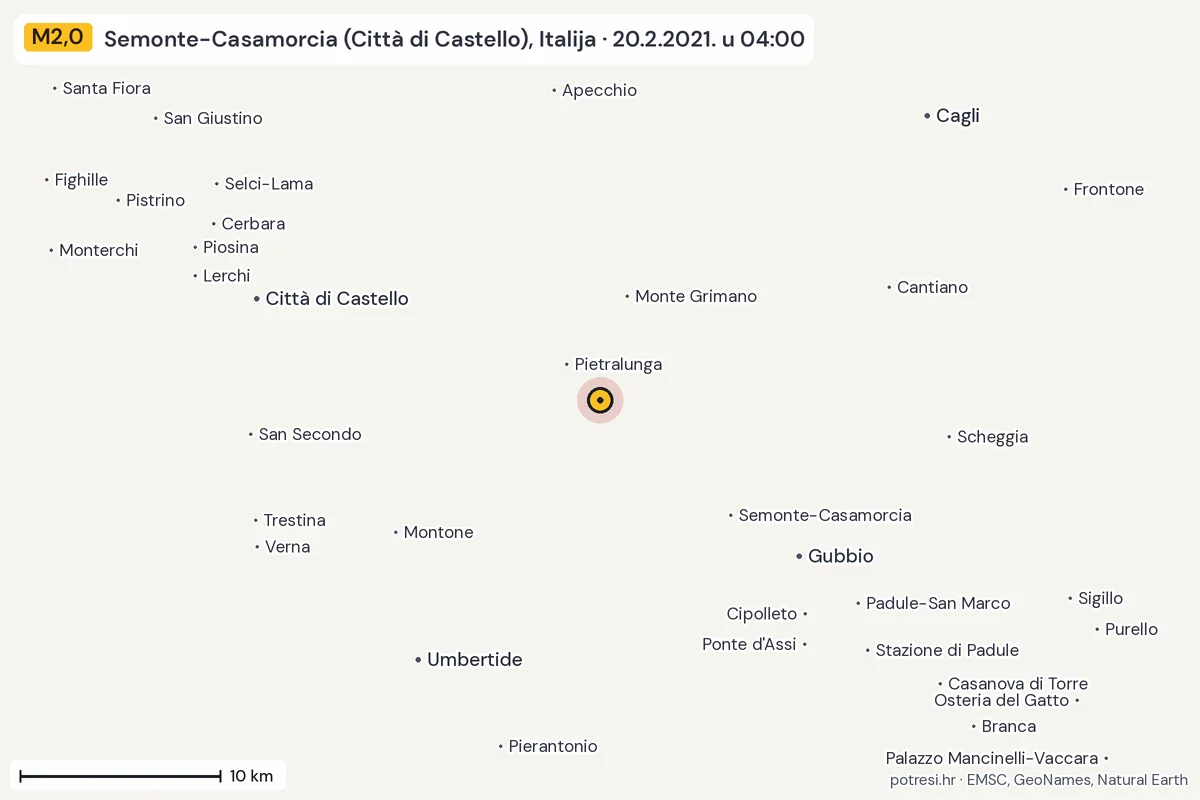 Karta: okolica epicentra, 60 km, potres M2,0, Semonte-Casamorcia (Città di Castello), Italija, 20.2.2021.