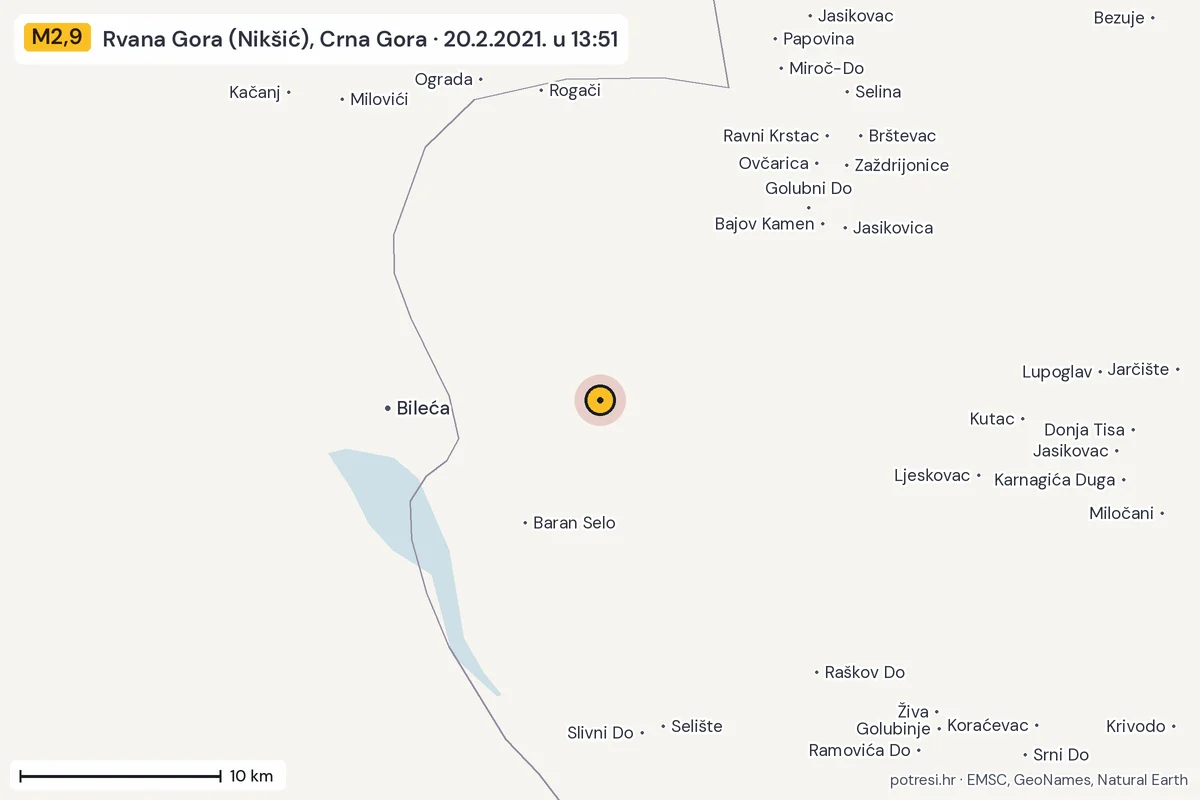 Karta: okolica epicentra, 60 km, potres M2,9, Rvana Gora (Nikšić), Crna Gora, 20.2.2021.